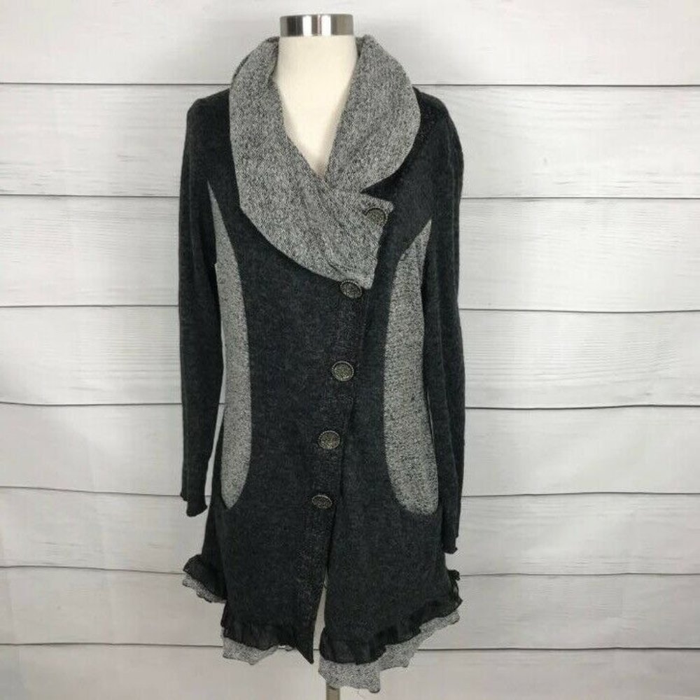 The Pyramid Collection Collared Ruffle Knit Jacket M Asymmetrical Duster Gray